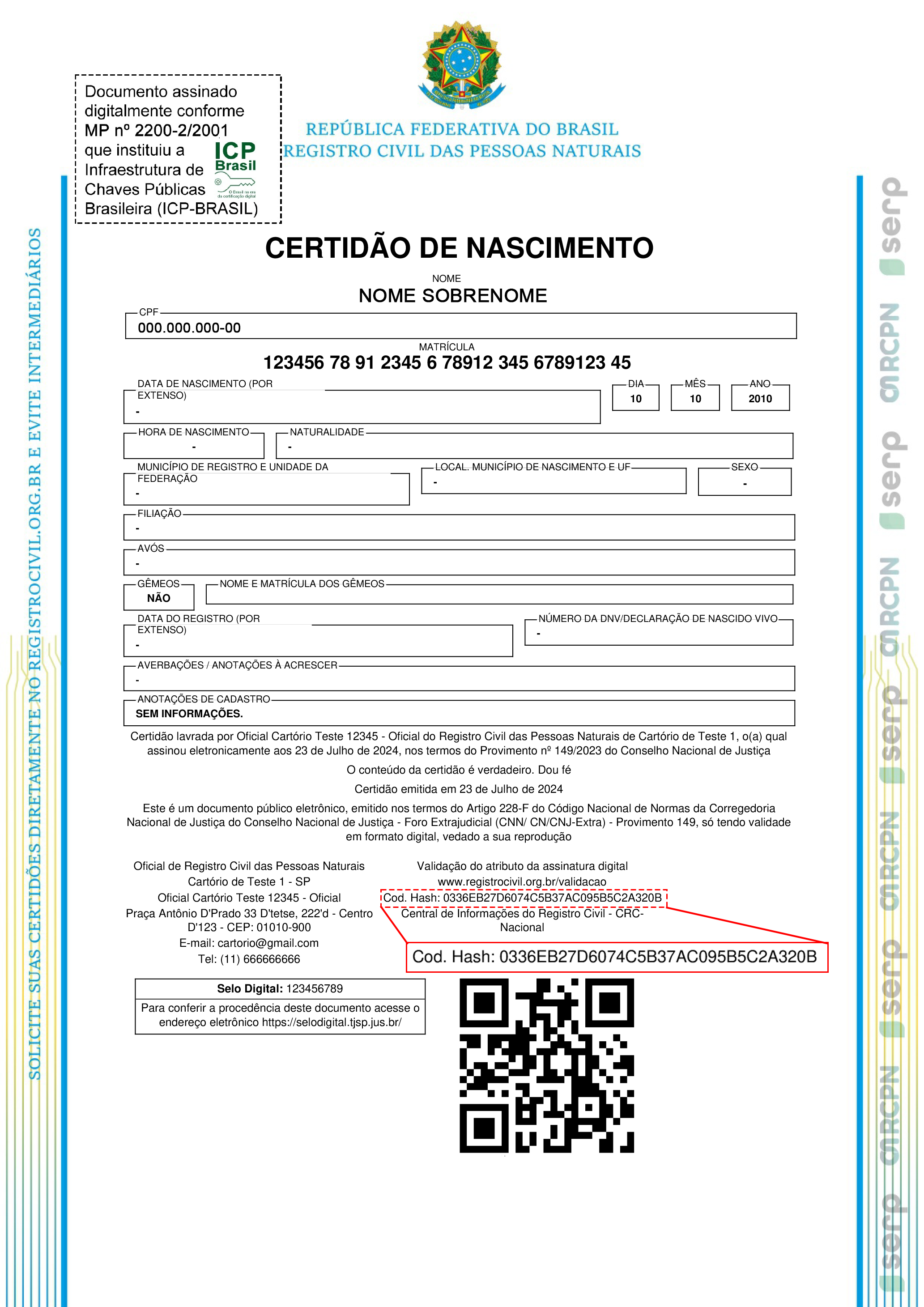 Imagem da hash do registro civil