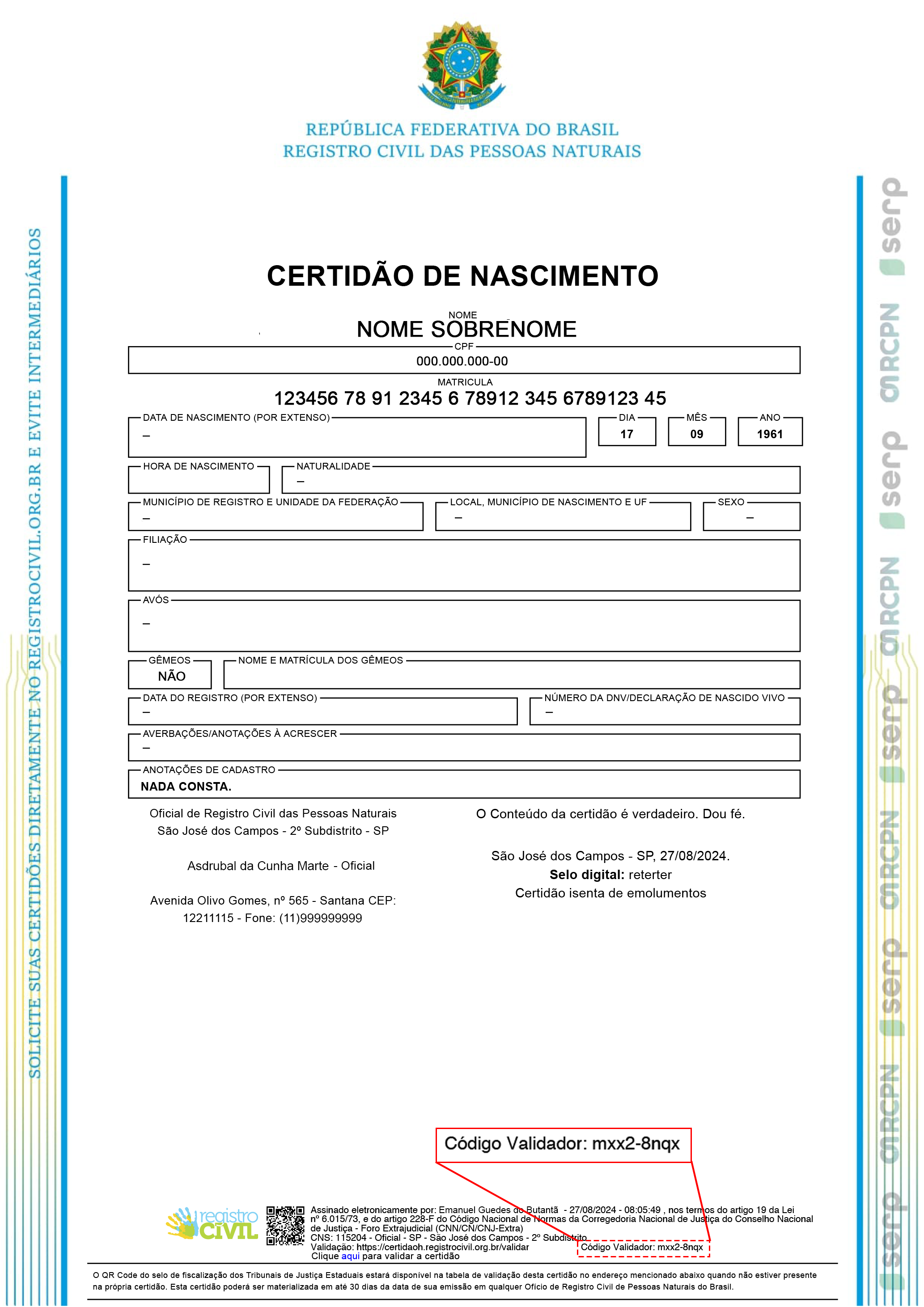 Imagem da hash do registro civil